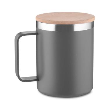 Imagem de Caneca Térmica 400ml Parede Dupla Com Tampa De Bambu Cinza