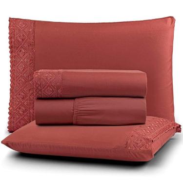 Imagem de Jogo De Lençol Casal Nobless Bordado Micropercal 200 Fios Toque De Algodão 4 Peças Telha