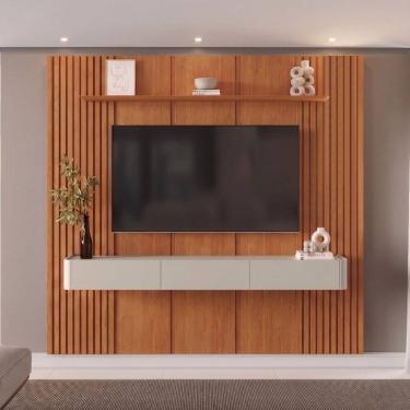 Imagem de Painel com Rack para Tv até 75 Polegadas 3 Gavetas 234cmx250cm Ripado 100% Mdf Apolo Na...
