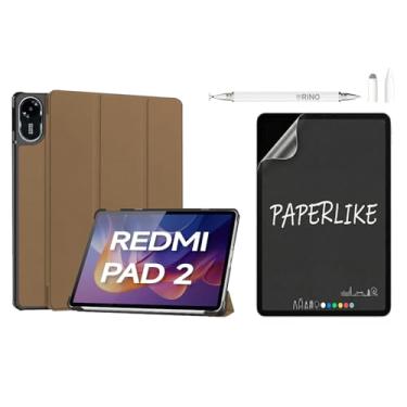 Imagem de Rino Cases Capa para Redmi Pad 2 11" (2025) - Smart Cover Magnética Rígida Multi-ângulo com Auto Despertar em Couro PU (Marrom, Kit Capa + Película Fosca + Caneta Touch)