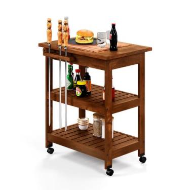 Imagem de Mesa Móvel Gourmet Adega 80 Cm Carrinho Churrasco Com Tampo Maciço Táb
