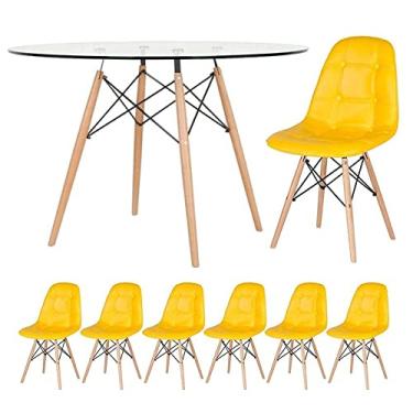 Imagem de Loft7, Mesa Eames com tampo de vidro 120 cm + 6 cadeiras estofadas Eiffel Botonê Amarelo