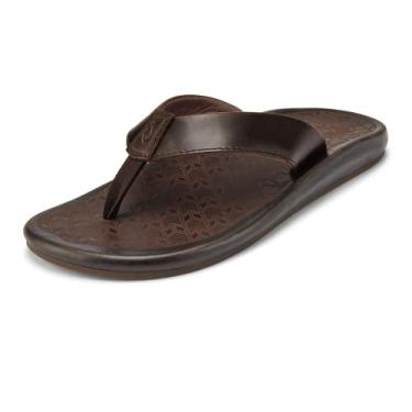 Imagem de OluKai 'Ilikai Men's Leather Sandals, Full-Grain Leather Flip-Flop Slides, Anatomical Footbed & Cushioning, Comfort Fit & Wet Grip Rubber, Dark Wood/Dark Wood, 10
