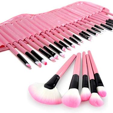 Imagem de Kit de pincéis de maquiagem LM com 32 peças e estojo - Fibras sintéticas, hipoalérgicas e veganas - Rosa