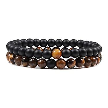 Imagem de Pulseiras de 2 peças para casais de distância preto branco natural lava olho de tigre contas pulseiras de ioga para homens senhoras cordão elástico joia 6 mm fosco olho de tigre