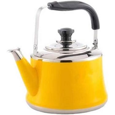 Imagem de Chaleira a gás com apito grau alimentício 304 aço inoxidável leve panela de indução chaleira com bico retrô tradicional para fogão ou fogão bule de café, amarelo, 2L, colecionador88