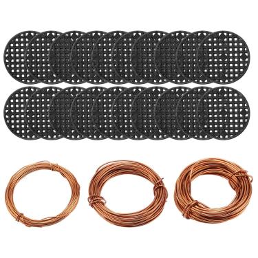 Imagem de Messar Conjunto de ferramentas bonsai, linha de fio de treinamento de bonsai de alumínio 30 m 3 tamanhos (1,0 mm/1,5 mm/2,0 mm) e 20 peças de almofada de malha para orifício de vaso de flores (4,5 cm/1,8 polegadas) para vaso de plantas ao ar livre e artesanato de pendurar DIY