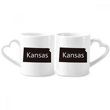 Imagem de Conjunto de canecas de porcelana para casais, contorno do mapa dos Estados Unidos do Kansas America