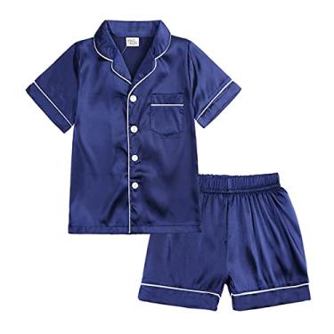 Imagem de Conjunto de pijama infantil para meninos e meninas de cetim de seda infantil manga curta 2 peças de botão para meninos roupas de páscoa, Azul, 8-9 anos