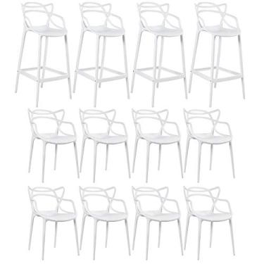 Imagem de Loft7, Kit 8x Cadeiras + 4x Banquetas Altas Masters Allegra, Polipropileno, Área Gourmet, Sala de Estar, Jantar, Cozinha e Comercial - Branco