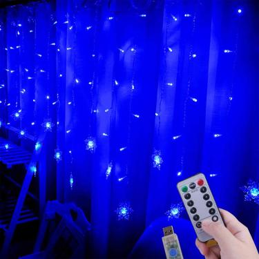 Imagem de Lainin 3,6 m/3,5 m alimentado por USB, 8 modos, cortina de floco de neve, luz noturna, cordão de luz, perfeito para Natal, casamento, férias, jardim, decoração de festa em ambientes internos/externos - azul