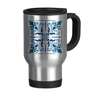 Imagem de Caneca de viagem com ilustração floral azul Marrocos em aço inoxidável copo de carro garrafa térmica