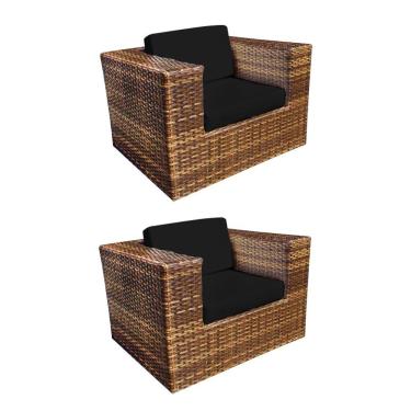 Imagem de Kit 2 Poltronas Quadradas em Junco Copacabana Almofada Preta - Imbuia