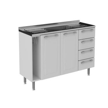 Imagem de Balcão Diamante 4 Gavetas 2 Portas E Pia Inox 120cm Itatiaia Branco