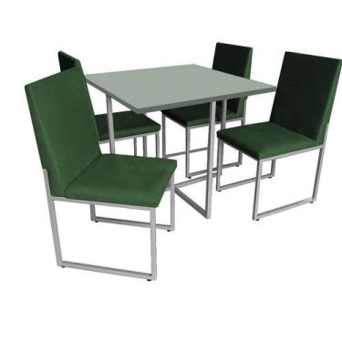Imagem de Kit Mesa De Jantar Thales Com 4 Cadeiras Sttan Ferro Prata Tampo Verde