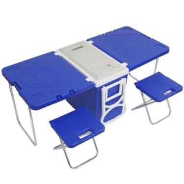 Imagem de Caixa Térmica Da Tomate 3 Em 1 Com 5 Banquinhos Modelo MCC-P008 Capacidade Para 32 Litros Ideal Para Acampamentos, Piqueniques, Praia etc. Na Cor Azul Com Cinza