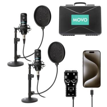 Imagem de Movo Pacote de equipamento de podcast USB-C para iPhone 15, pacote com 2 microfones condensadores, 2 suportes de microfone de mesa, 2 filtros pop, interface XLR de 2 canais - compatível com iPhone 15,