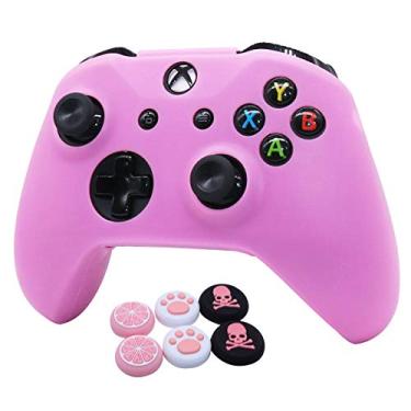 Imagem de Pink Skins RALAN, capa protetora de silicone compatível com controle Xbox One S/X (2 punhos rosa Pro polegar, gato + tampa de caveira e cabo de capa x 2)