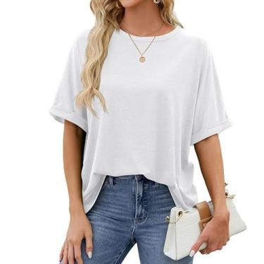 Imagem de Camisetas femininas grandes modernas gola redonda manga curta túnica cor sólida 2024 camiseta básica verão, Branco, P