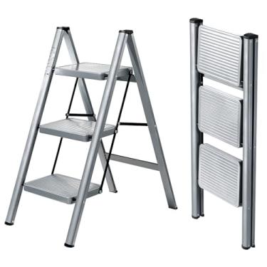 Imagem de XinSunho Escada de 3 degraus, banco dobrável com pedal largo antiderrapante, escada portátil de aço resistente, 3 degraus, escada de segurança para cozinha e casa de 150 kg