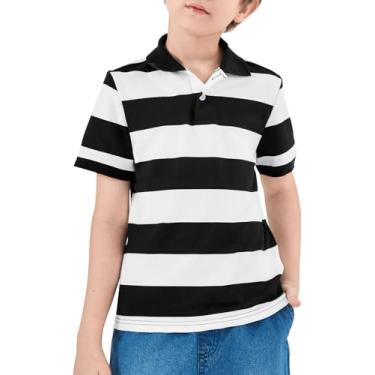 Imagem de Camisa polo listrada infantil verão casual uniforme escolar camisetas tops 5-14 anos, Preto e branco, 13-14 Anos