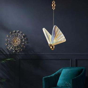 Imagem de Iluminação pendente costeira pequena imitação de cristal borboleta luz pendente luminária de vitral moderna luz pendente de teto dourado lustre de escada turca para cozinha quarto infantil
