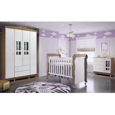 Imagem de Quarto de Bebê com Guarda-Roupas 4 Portas, Cômoda Fraldário e Berço Mini Cama Ariel Mirelle Espresso Branco/Amadeirado