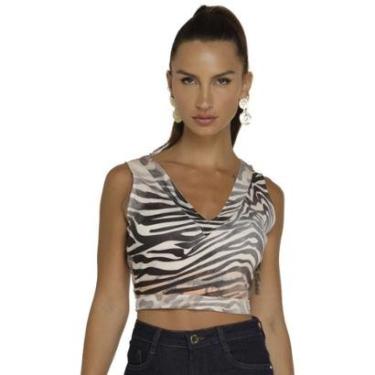 Imagem de Blusa Cropped Onça Preta Decote V V23 Branco Feminino-Feminino
