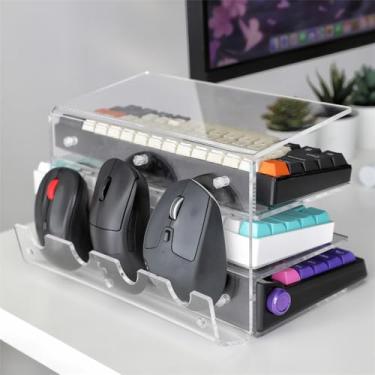 Imagem de Bright Stone Rack de armazenamento de acrílico para teclado e mouse, suporte de exibição de teclado para jogos, prateleira de mesa para teclado e mouse de 3 camadas (branco acrílico)