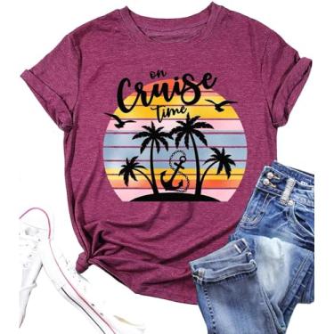 Imagem de Camisetas femininas On Cruise Time com estampa de palmeiras e praia, verão, festa na praia, férias, camiseta de manga curta, Roxa, GG