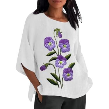 Imagem de Camisas de linho femininas Alzheimers Awareness Casual Dressy Shirts Alzheimer's Purple Floral Print Manga 3/4 gola redonda, Branco, GG