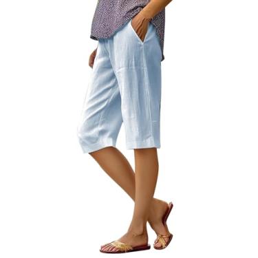 Imagem de Calça feminina casual solta de algodão com cintura elástica cropped perna larga plus size calça casual para mulheres 4x-5x, Azul, P