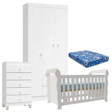 Imagem de Quarto De Bebê 3 Portas Com Gaveteiro Ternura Baby E Berço Lara Branco Brilho Com Colchão