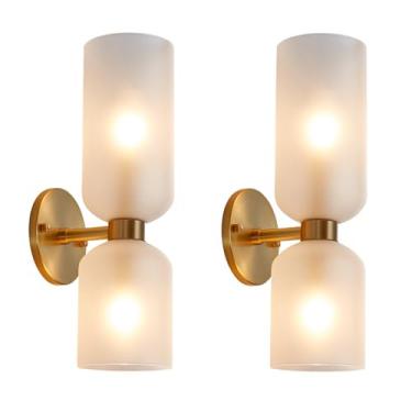 Imagem de TIYETA Conjunto de 2 arandelas de parede douradas Lâmpada de arandela de parede de vidro moderna Luz de toucador de banheiro Luminária de parede de latão para quarto,Gold 1