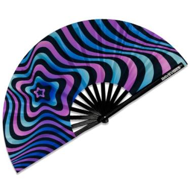 Imagem de Ravevibes Ventilador de mão dobrável grande de 33 cm, ventilador de bambu para festivais, ventiladores dobráveis com brilho UV Edm para rave roupas, acessórios, apresentação, dança, festa para homens