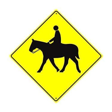 Imagem de Great Road Sign Horse Ride Equestrian Activity with Graphic Farm Ranch Animal Xing Crossing Sign Funny Yellow Diamond Tin Sign Placa de metal de alumínio para decoração de casa 30 x 30 cm