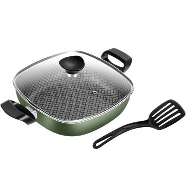 Imagem de Frigideira Quadrada Antiaderente 2 Alças Nº 23 Verde Masterflon Com Tampa Vidro Patolux