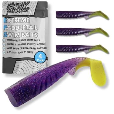 Imagem de EliasVFishing Shad Extreme Paddletail de 11,4 cm - Isca de plástico macio para robalo listrado, peixe-vermelho, truta, jigging e mais! (Cauda-verde-limão roxo)