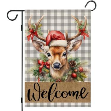 Imagem de RLCMO Chapéu de alce de Natal bandeira de jardim de grade Feliz Natal inverno 30,5 cm x 45,7 cm Sinais de quintal pequenos dupla face legíveis serapilheira vertical bem-vindo férias fazenda ao ar