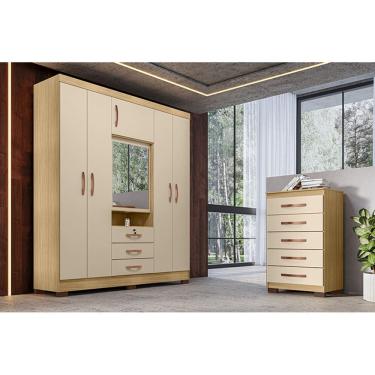 Imagem de Kit Guarda Roupa Casal Roma 6 Portas com Espelho e Cômoda 5 Gavetas Aspen I01 Carvalho Off White - Clique Chique Móveis