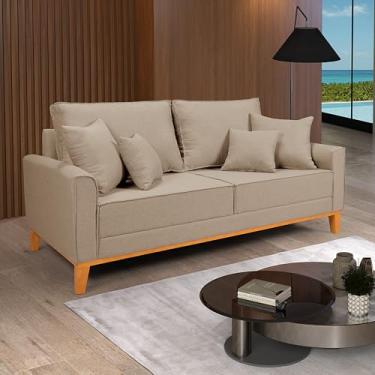 Imagem de Sofá Living Beny 3 Lugares Linho Bege Fixo Sala Base Madeira