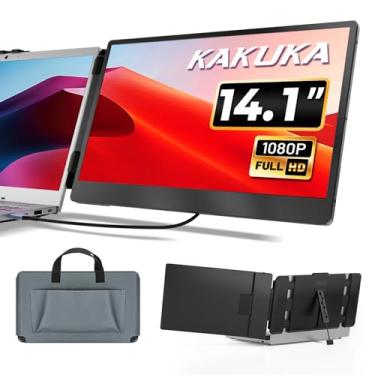 Imagem de kakuka Extensor de tela de laptop de 14,1 polegadas, monitor portátil FHD S1 1080p para laptop, alto-falantes e suporte, HDMI/USB-A/Tipo-C Plug and Play para laptops de 13 a 17 polegadas,