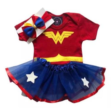 Imagem de Body tematico mulher maravilha para bebe mesversario kit 3 peças - azk