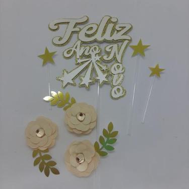Imagem de Topo de Bolo Feliz Ano Novo Flores e Estrelas - miwl art