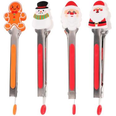 Imagem de Gadpiparty Mini pinças de silicone de Natal: 4 peças de pinças de cozinha de aço inoxidável com pontas de silicone, boneco de neve, boneco de neve, homem de gengibre, pinça de servir, para churrasco,