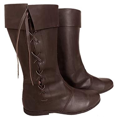 Imagem de AnNafi Botas de couro medieval | Botas masculinas de pirata viking renascentista | Preto/Marrom, Tamanho 8-12, com cadarço, formal, casual, cosplay, fantasia de equitação SCA LARP, Marrom, Large