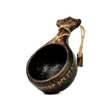 Imagem de NORSE EMPIRE Copo kuksa tradicional de 350 ml, caneca de acampamento de madeira rústica, leve, durável, estilo medieval, de grau alimentício, caneca de acampamento de madeira rústica com design