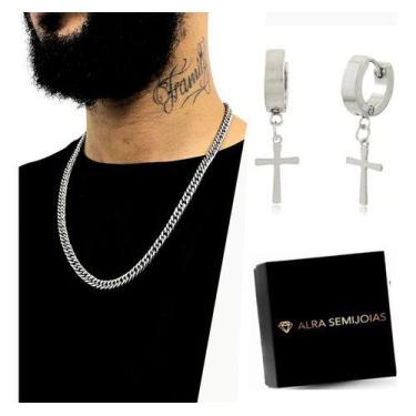 Imagem de Corrente Masculina + Par Brincos Cruz Aço Inox Kit Moderno - ALRA SEMI