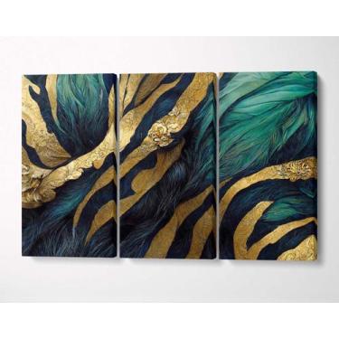 Imagem de 3 Quadros em Tecido Canvas Abstrato Azul Petróleo e Ouro - LindaCasaPr