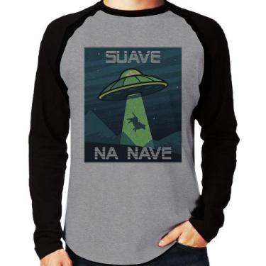 Imagem de Camiseta Raglan Suave na nave Manga Longa - Foca na Moda, Cinza, Preto